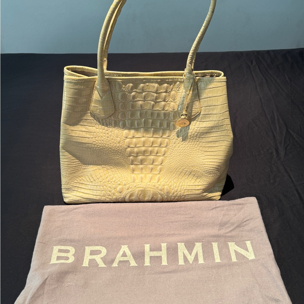 Brahmin Light Yellow Croc-Embossed Tote really nice preowned